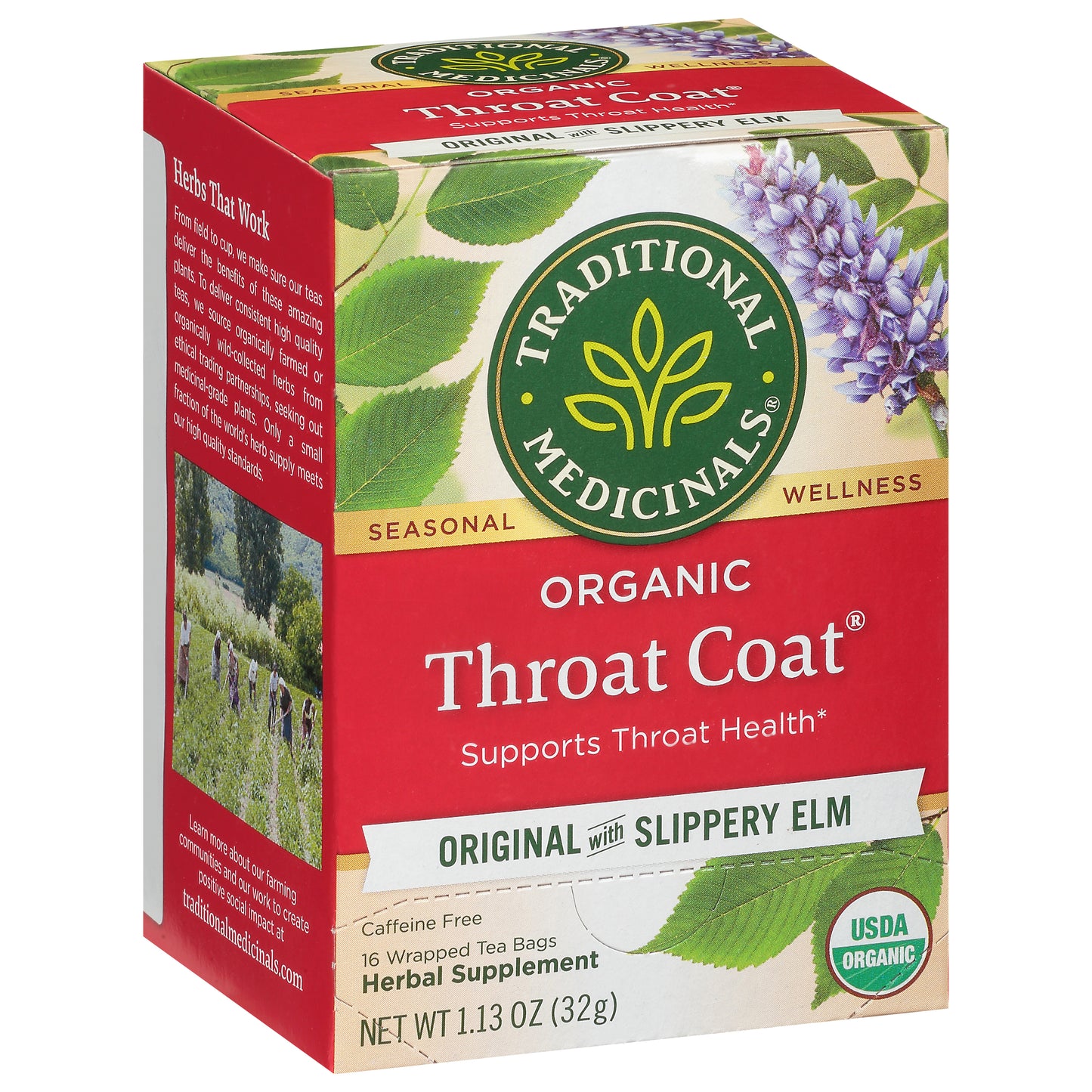 Traditional Medicinals Tea Bags Throat Coat Organic Throat Coat Original with Slippery Elm Herbal Supplement 16 ea