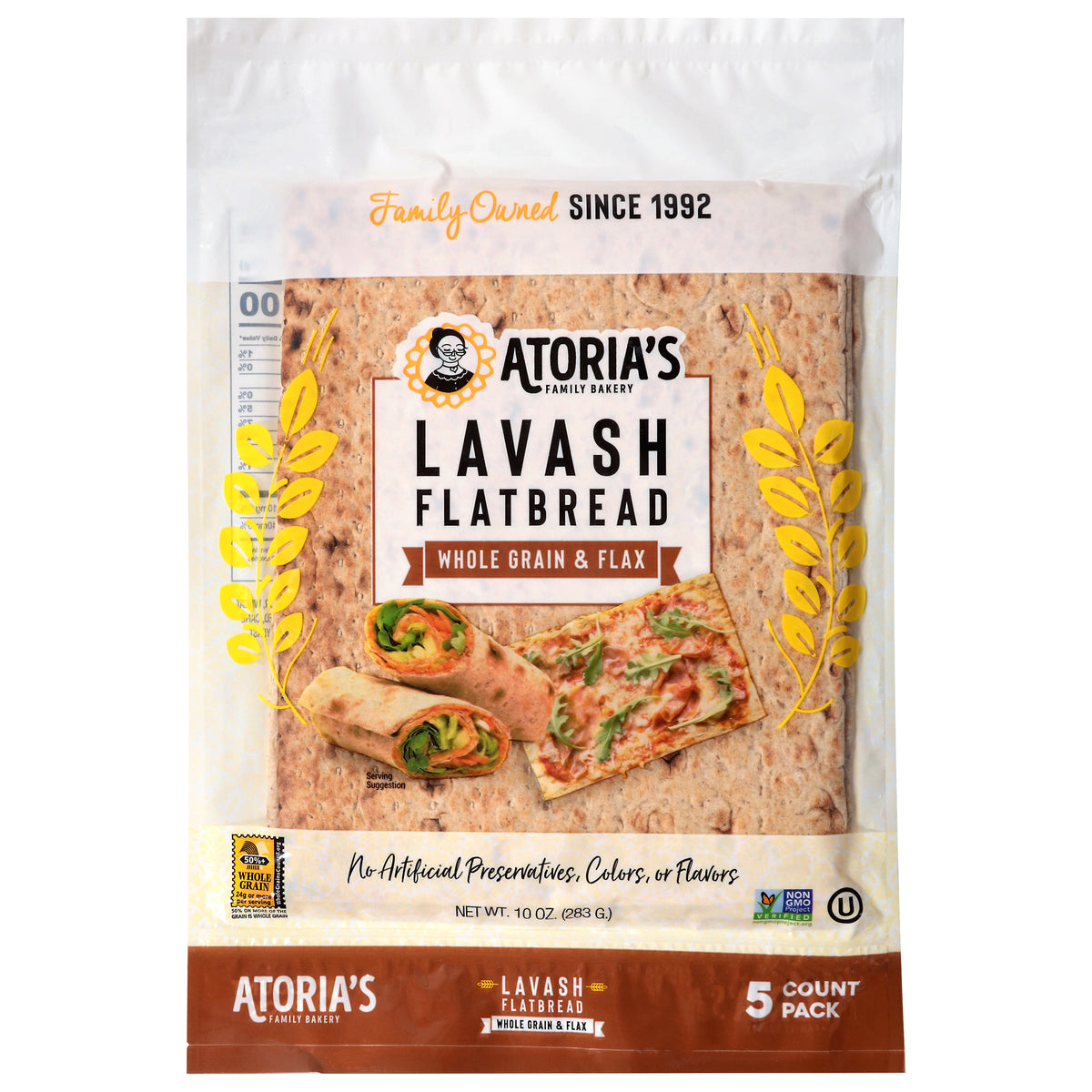 Atoria's Family Bakery Whole Grain & Flax Lavash Flatbread 5 Pack