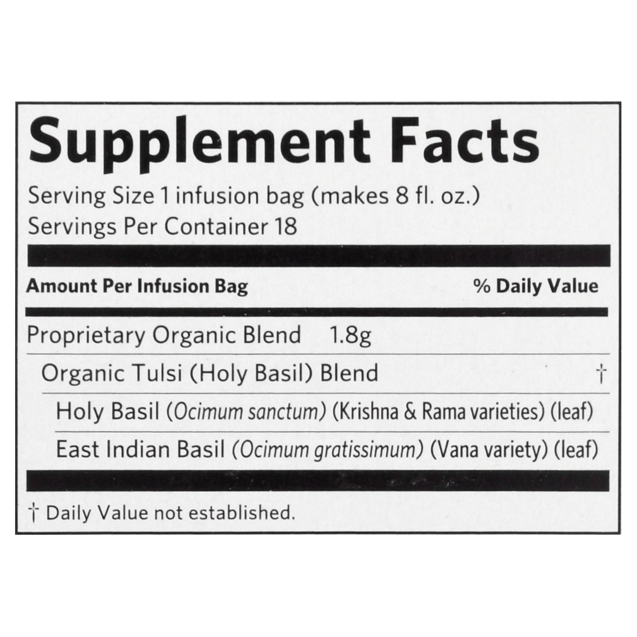 Organic India Caffeine Free Infusion Bags Tulsi Original Herbal Supplement 18 ea