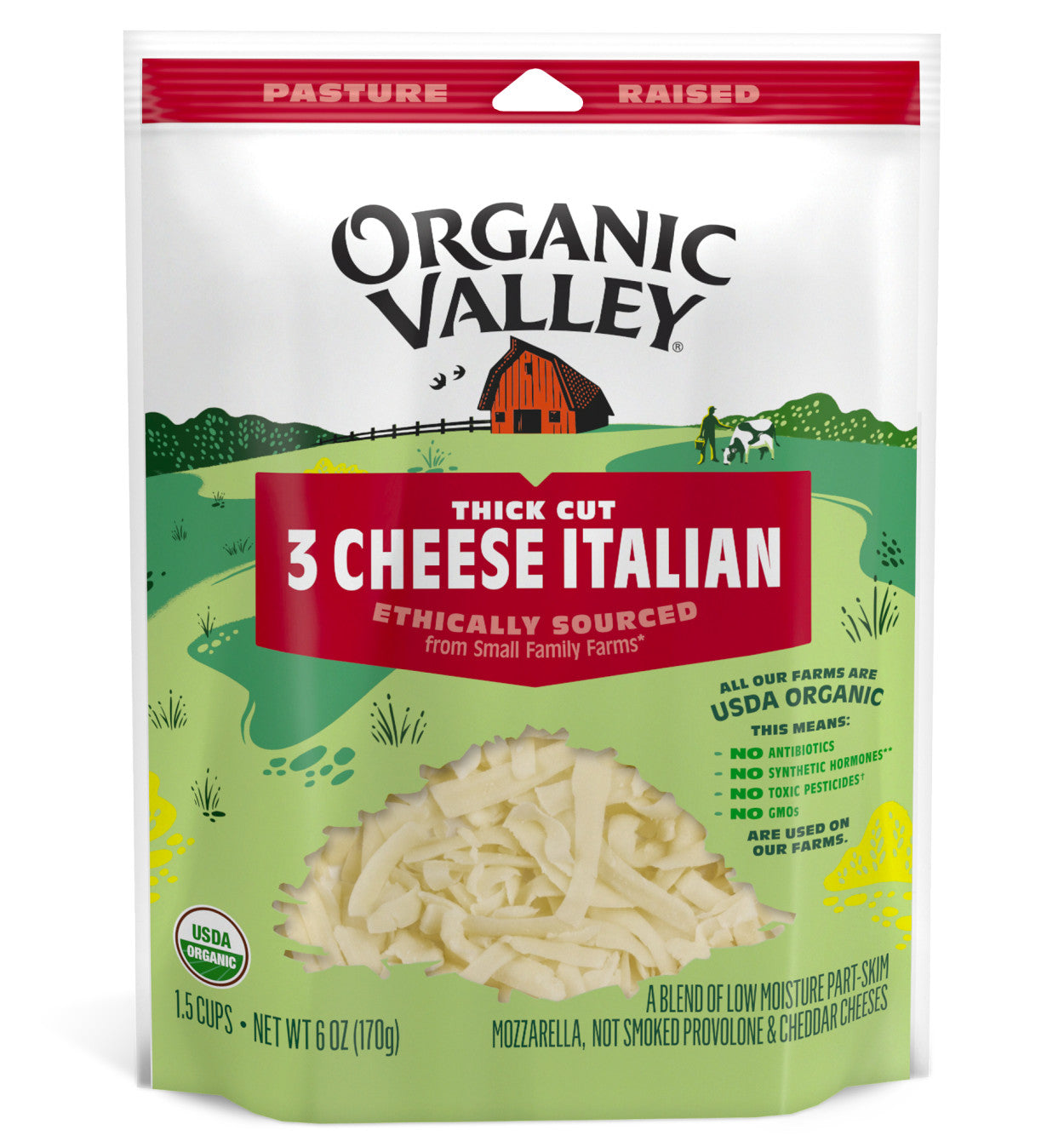 Organic Valley, 3 Cheese Thick Cut Shredded Italian Blend Organic, 6 Oz