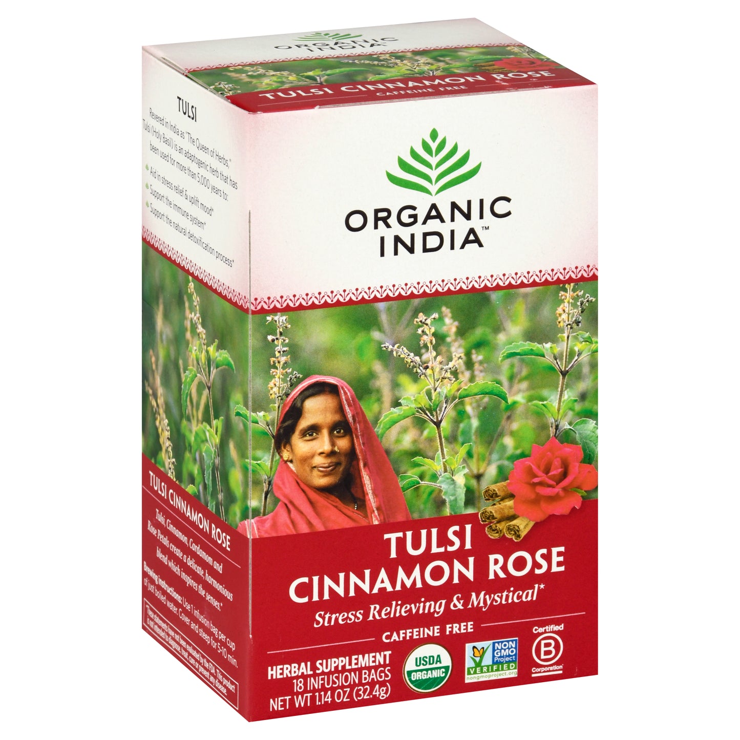 Organic India Caffeine Free Infusion Bags Tulsi Cinnamon Rose Herbal Supplement 18 ea