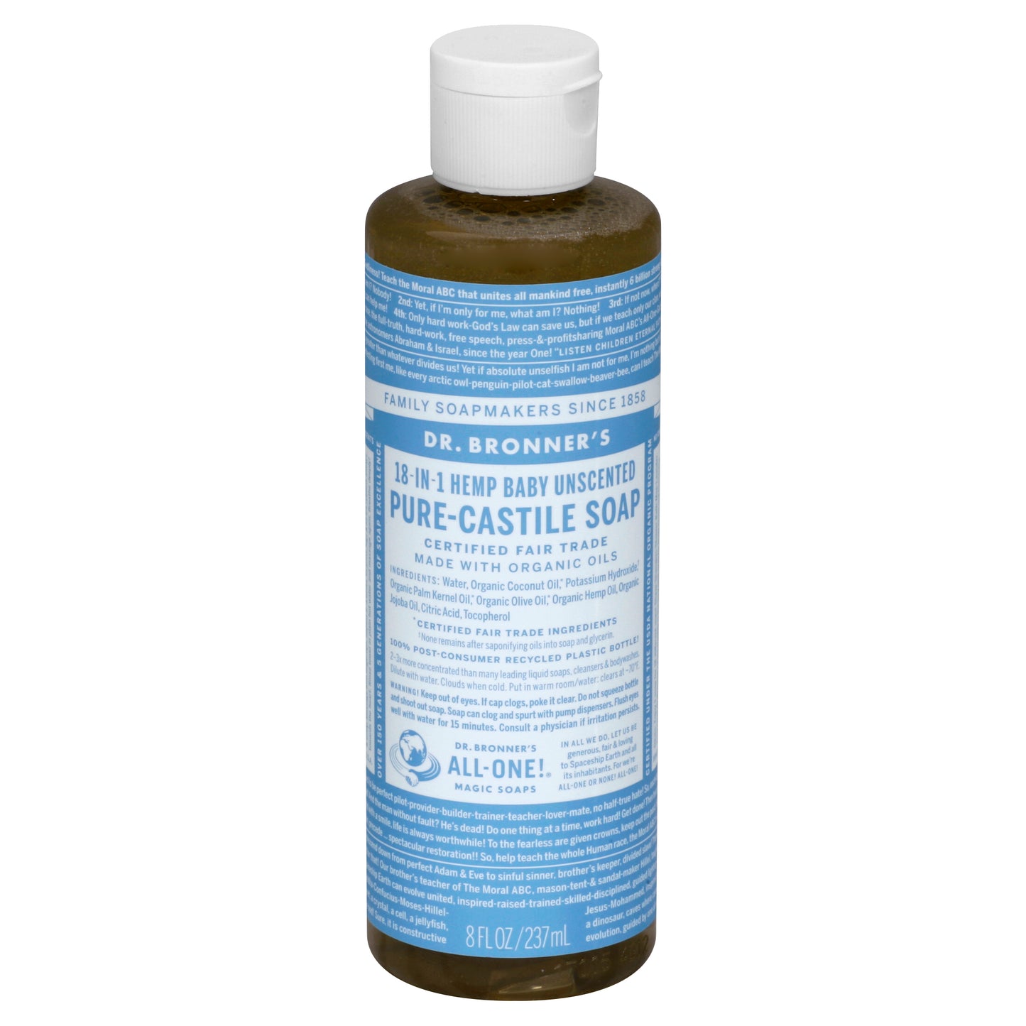 Dr. Bronner's Castile Soap 8 oz - 18-IN-1 HEMP BABY UNSCENTED PURE-CASTILE SOAP