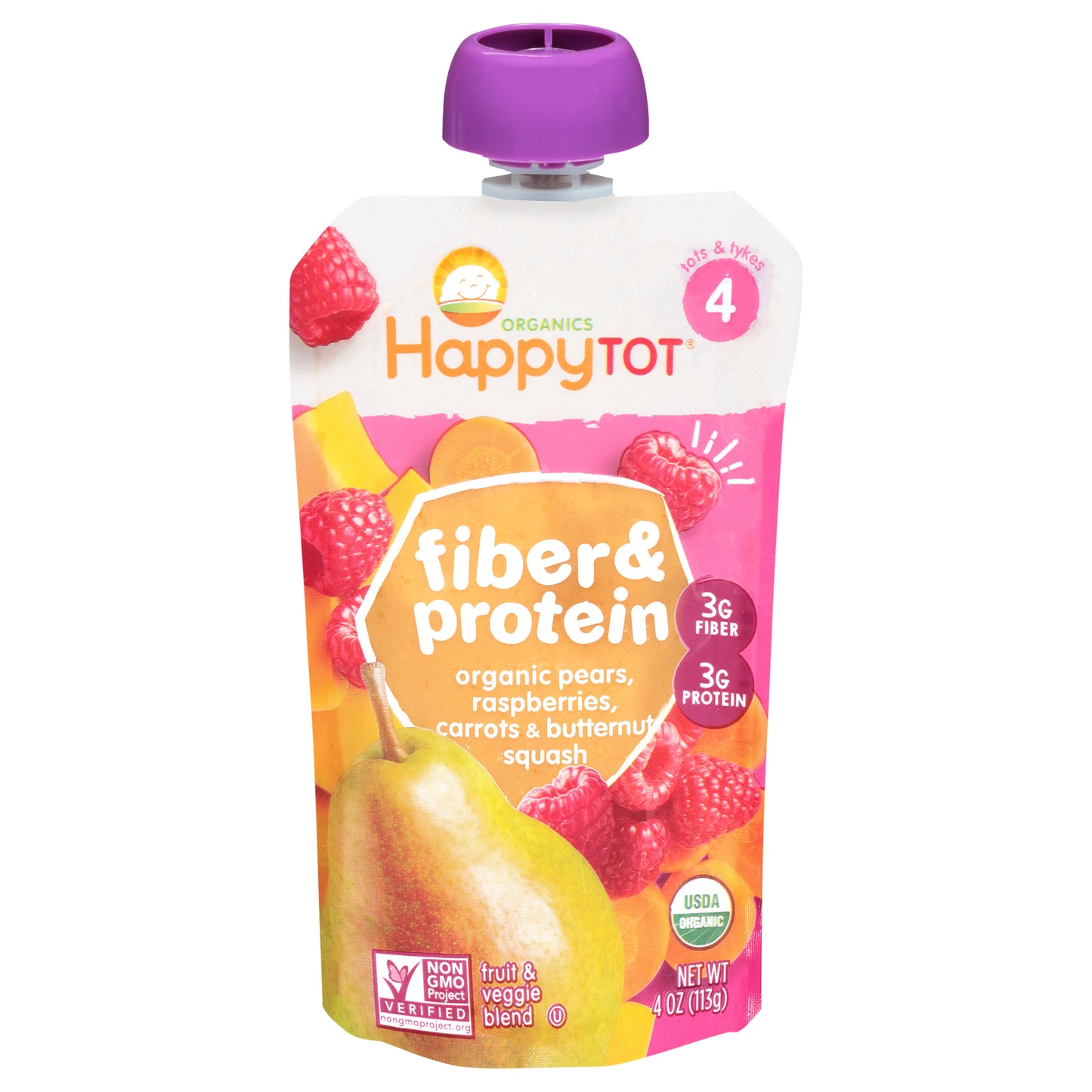 Happy Tot Organics Fiber & Protein Stage 4 Organic Pears, Raspberries, Carrots & Butternut Squash Pouch 4 oz UNIT