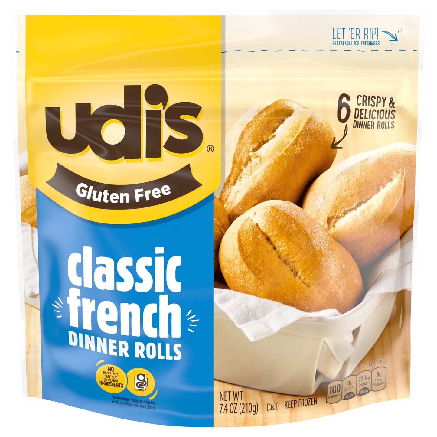 Udi's Gluten Free Classic French Dinner Roll, Frozen, 7.41 oz.