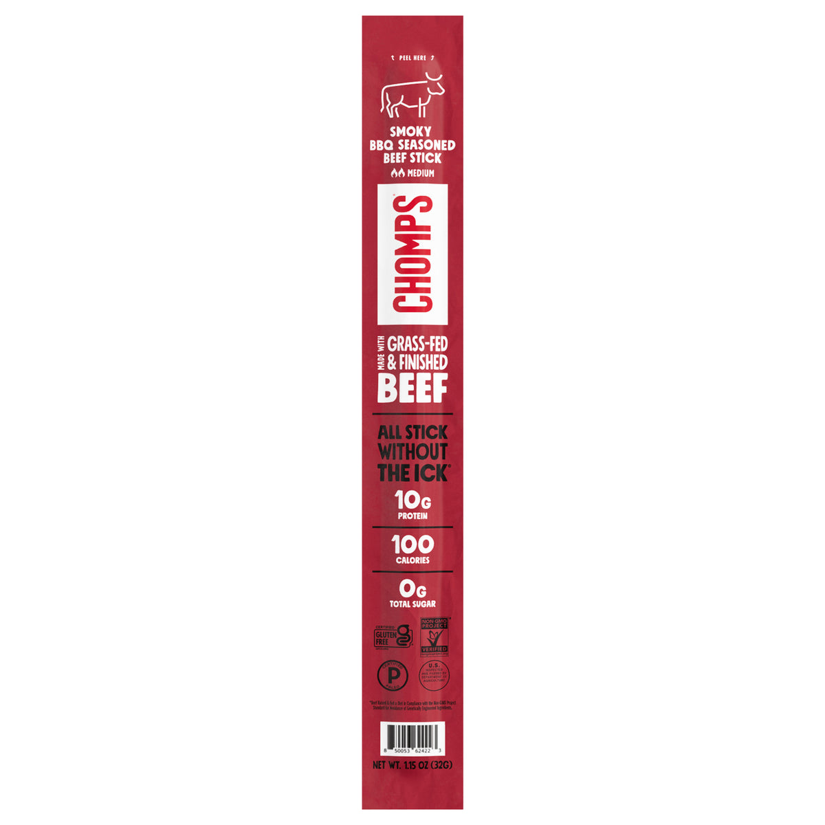 Chomps Grass-Fed and Finished Smoky BBQ Beef Stick, 1.15oz Stick