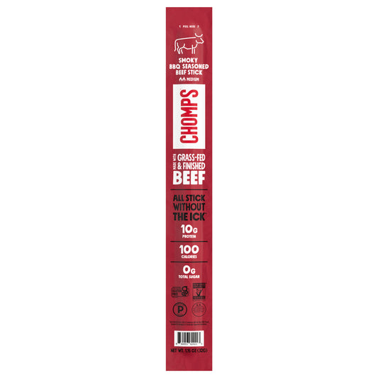 Chomps Grass-Fed and Finished Smoky BBQ Beef Stick, 1.15oz Stick