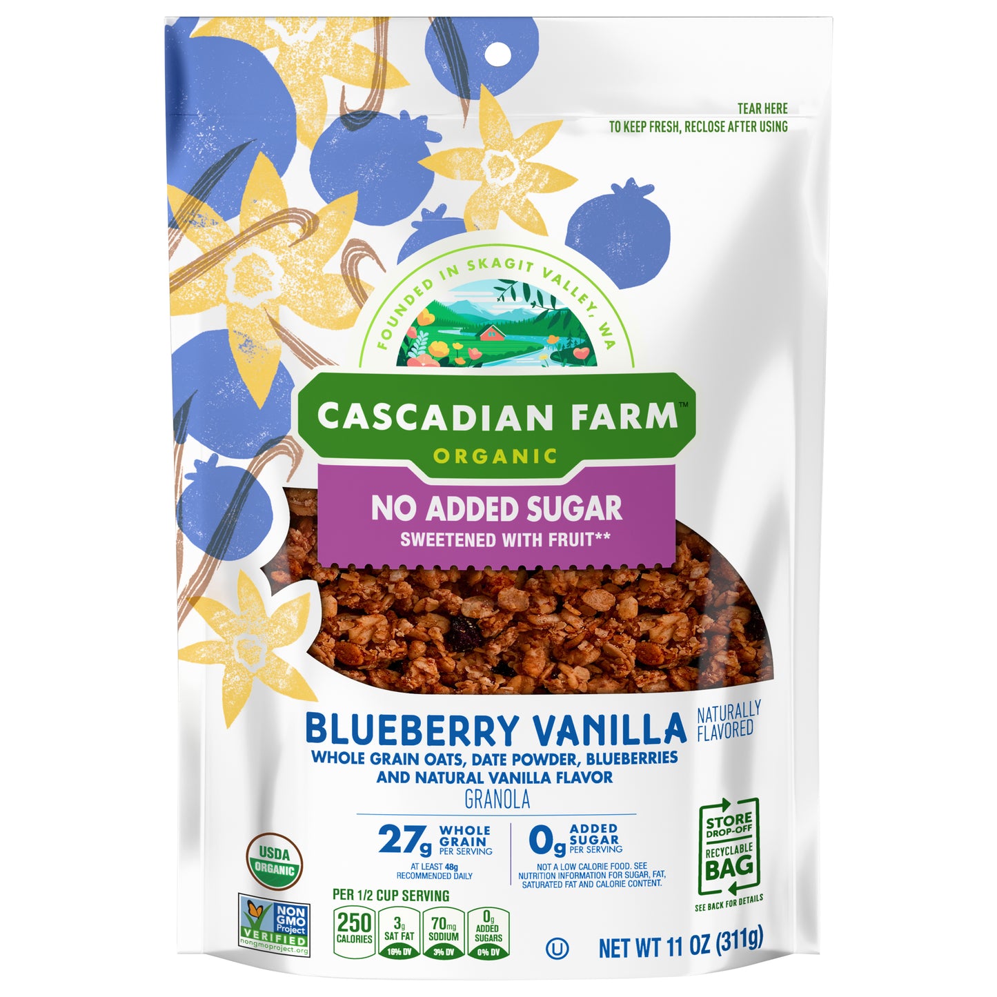 Cascadian Farm Organic Granola with No Added Sugar, Blueberry Vanilla Cereal, Resealable Pouch, 11 oz.