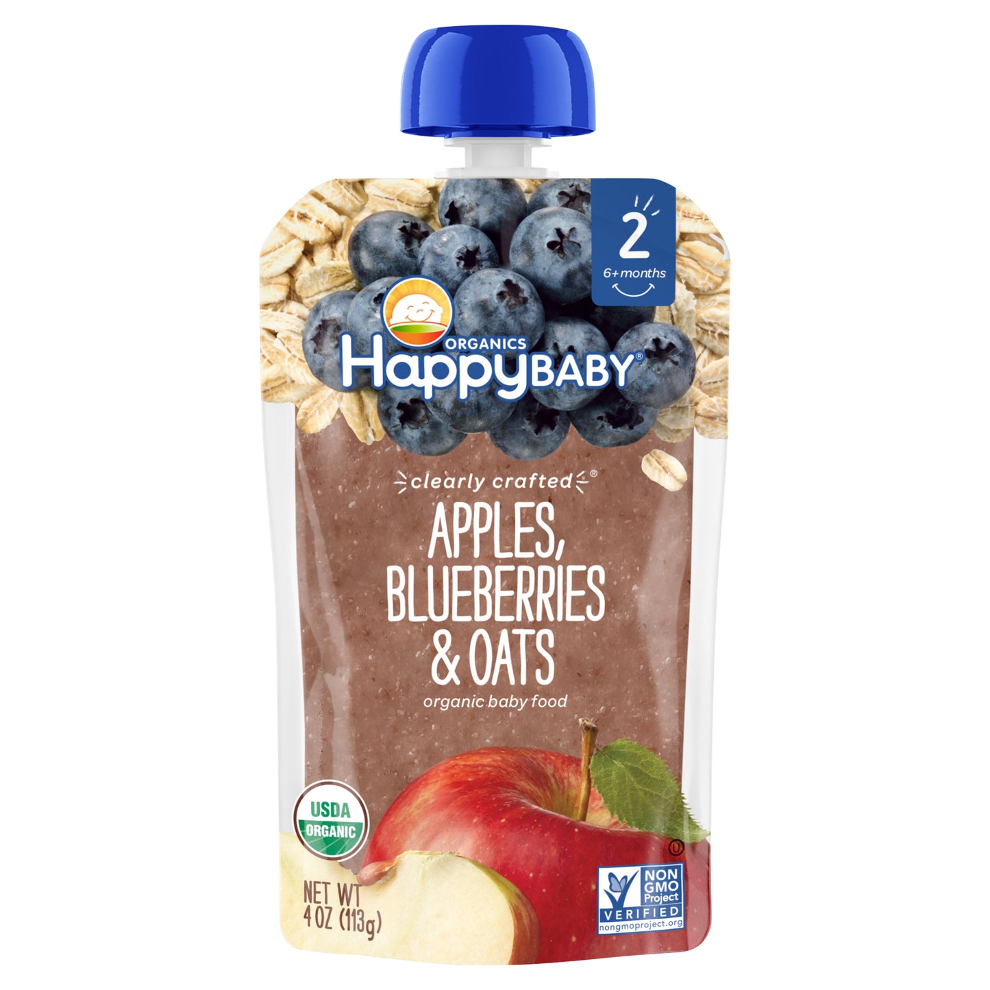 Happy Baby Organics Clearly Crafted Stage 2 Apples, Blueberries & Oats Pouch 4oz UNIT