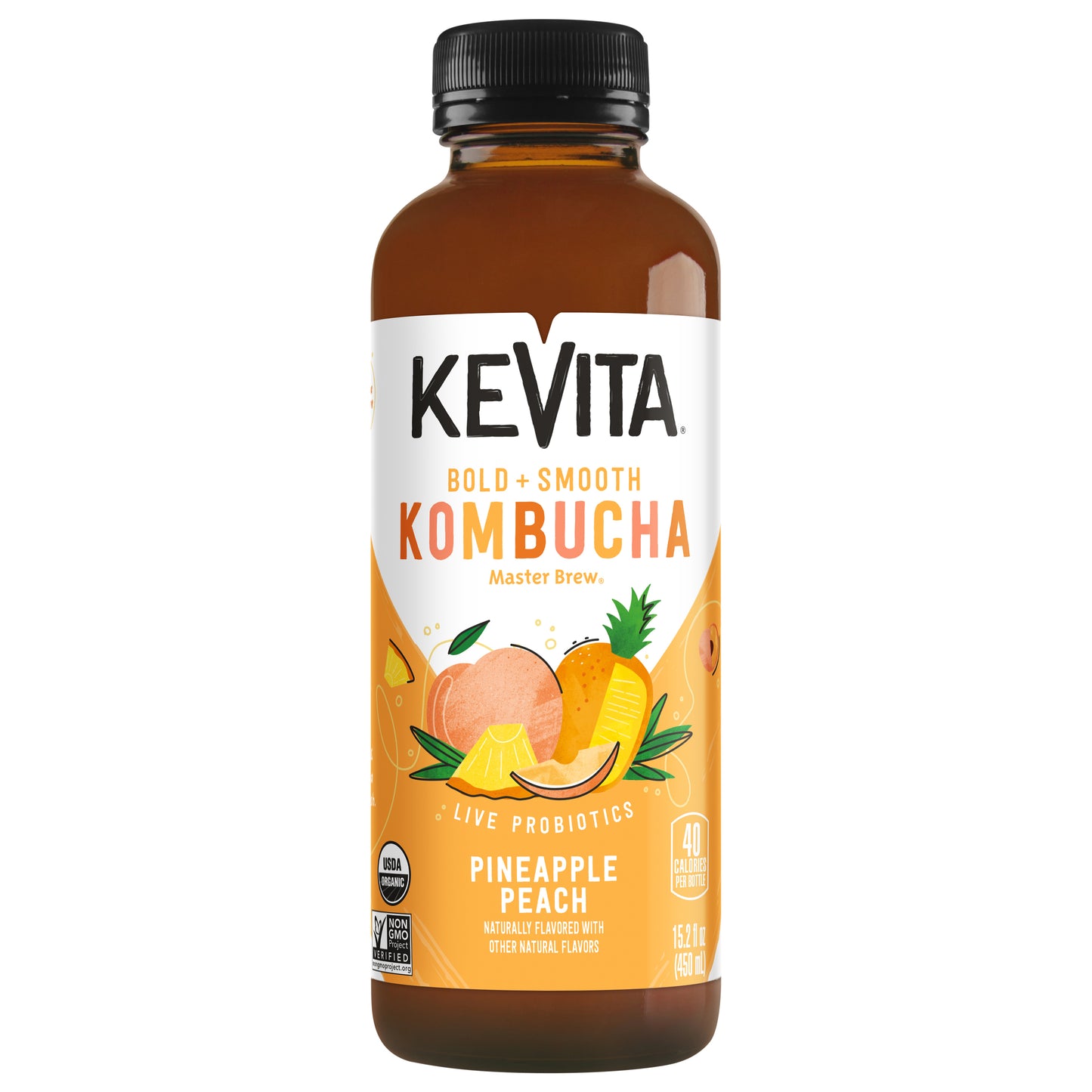 KeVita Master Brew USDA Organic Pineapple Peach Kombucha Bottled Tea Drink, 15.2 Fl Oz