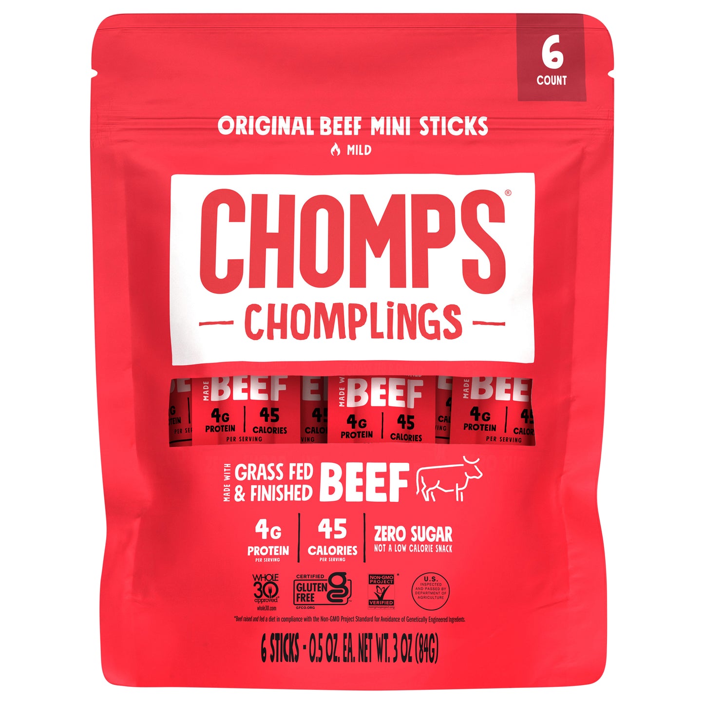 CHOMPLINGS Grass-Fed and Finished Original Mini Beef Meat Sticks, 6 Count