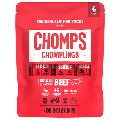 CHOMPLINGS Grass-Fed and Finished Original Mini Beef Meat Sticks, 6 Count