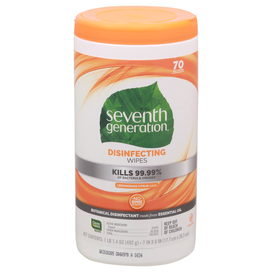 Seventh Generation Disinfecting Lemongrass Citrus Scent Wipes 70 ea