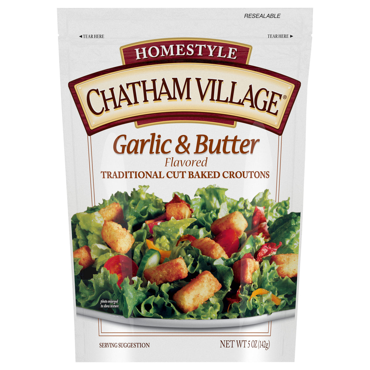 Chatham Village® Homestyle Garlic & Butter Flavored Traditional Cut Baked Croutons 5 oz. Bag