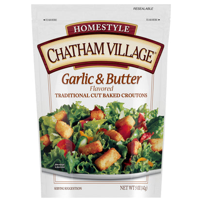 Chatham Village® Homestyle Garlic & Butter Flavored Traditional Cut Baked Croutons 5 oz. Bag