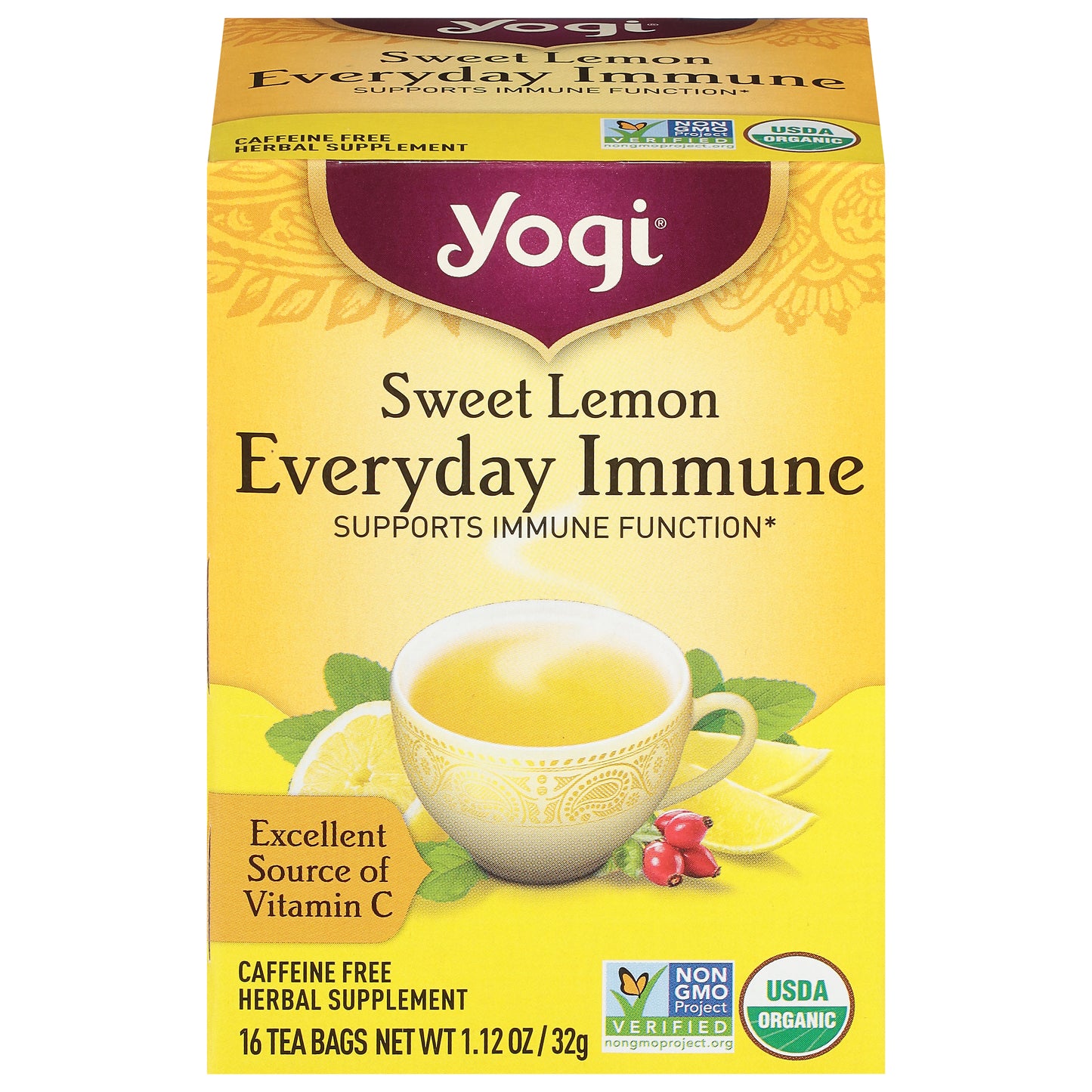 Yogi Tea Bags Caffeine Free Everyday Immune Sweet Lemon Herbal Supplement 16 Tea Bags