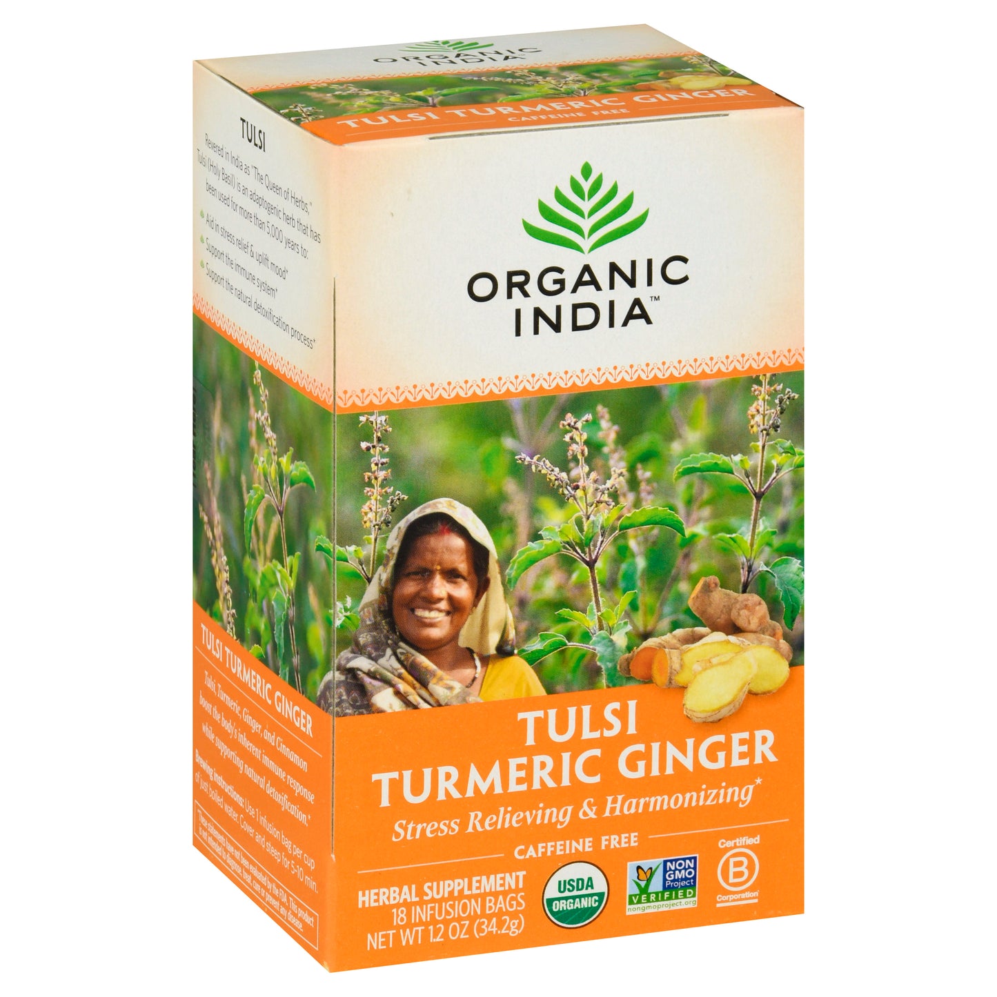 Organic India Caffeine Free Infusion Bags Tulsi Turmeric Ginger Herbal Supplement 18 ea