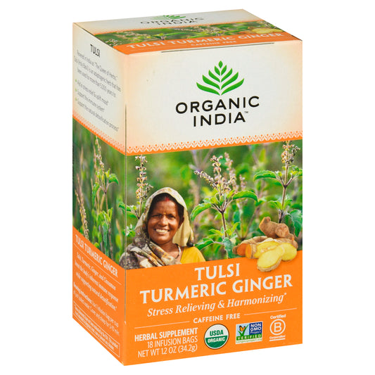 Organic India Caffeine Free Infusion Bags Tulsi Turmeric Ginger Herbal Supplement 18 ea