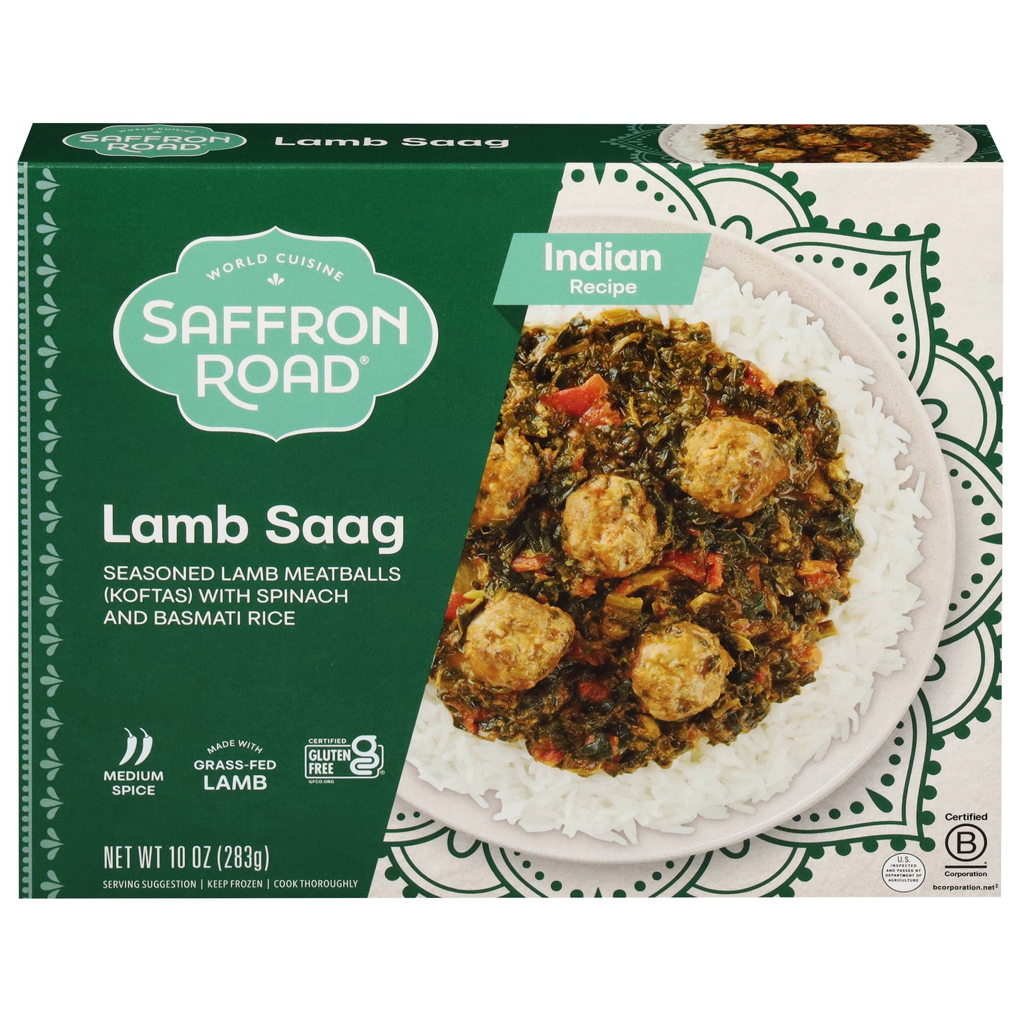 Saffron Road Lamb Saag (Spinach), Gluten-Free Indian Meal, Frozen Dinner