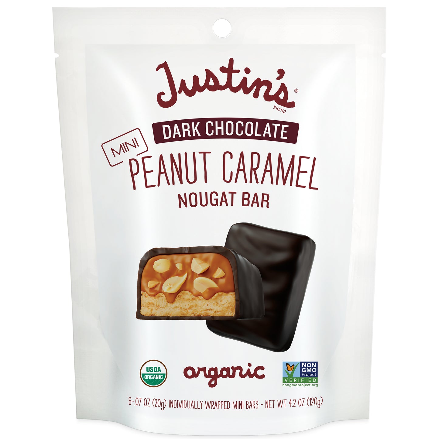 Justin's Organic Mini Dark Chocolate Peanut Caramel Nougat Candy Bars Bag 4.2 oz