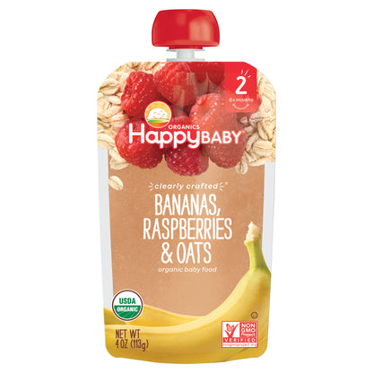 Happy Baby Organics Clearly Crafted Stage 2 Bananas, Raspberries & Oats Pouch 4oz UNIT