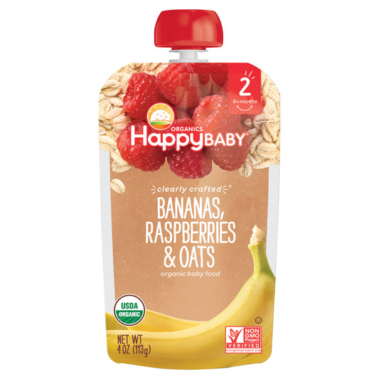 Happy Baby Organics Clearly Crafted Stage 2 Bananas, Raspberries & Oats Pouch 4oz UNIT