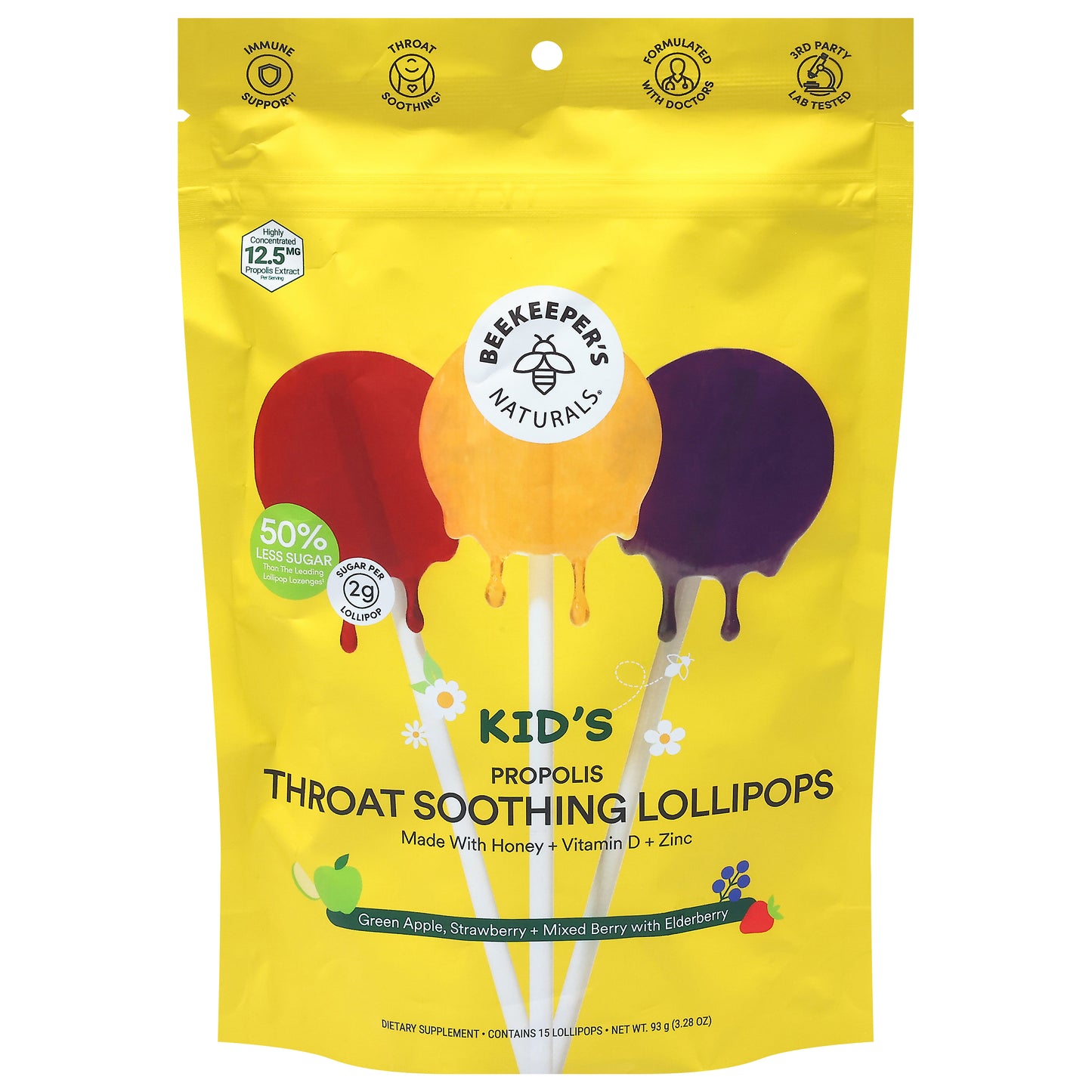 Beekeeper's Naturals Kid's Green Apple, Strawberry + Mixed Berry with Elderberry Throat Soothing Lollipops 15 ea