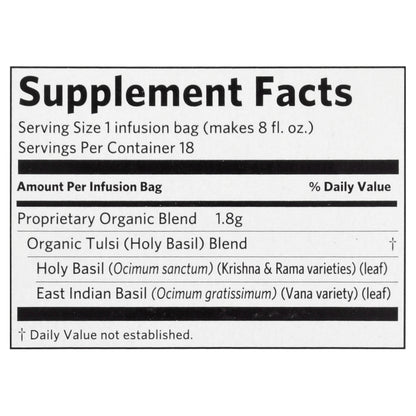 Organic India Caffeine Free Infusion Bags Tulsi Original Herbal Supplement 18 ea