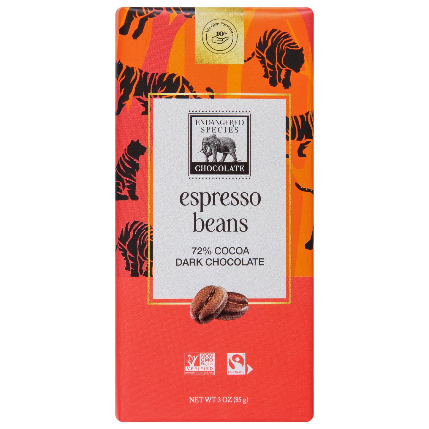 Endangered Species Espresso Beans 72% Cocoa Dark Chocolate 3 oz