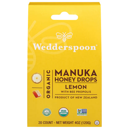 Wedderspoon Organic Manuka Lemon with Bee Propolis Honey Drops 20 ea