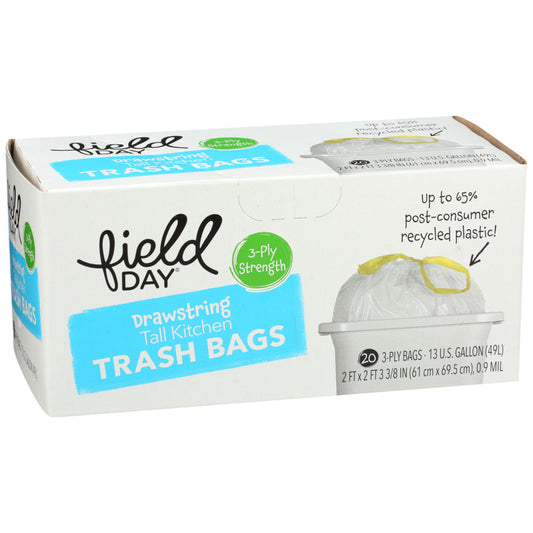 Field Day Drawstring Tall Kitchen 3 Ply Strength Trash Bags 20 ct