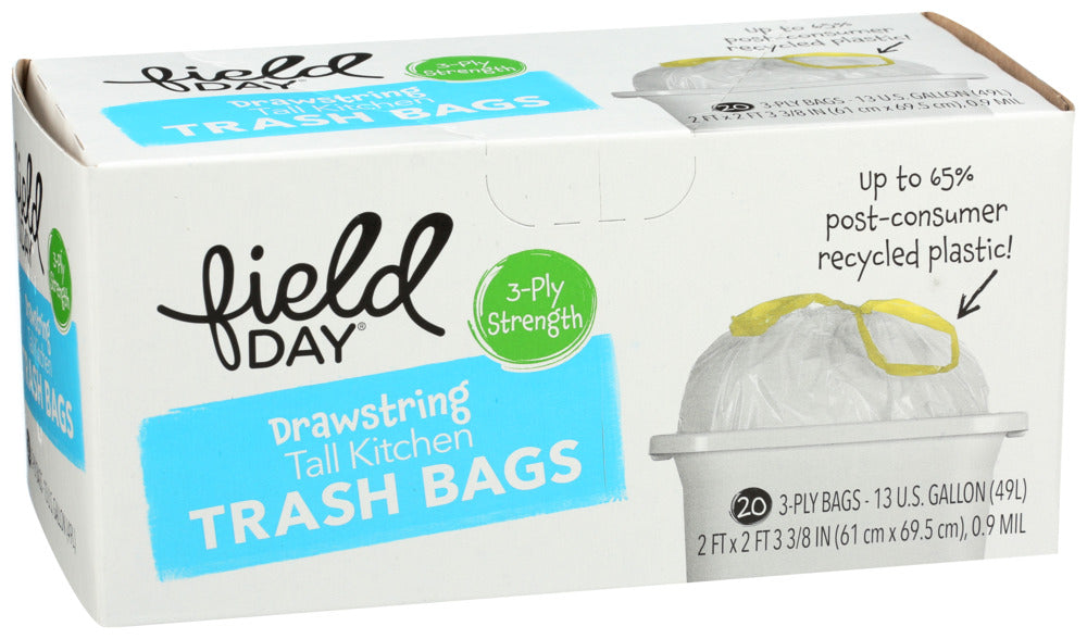 Field Day Drawstring Tall Kitchen 3 Ply Strength Trash Bags 20 ct