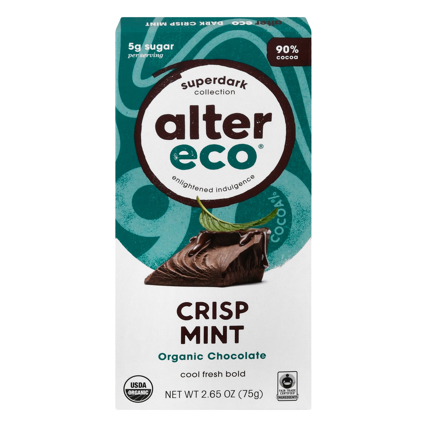 Alter Eco Superdark Collection 90% Cocoa Organic Crisp Mint Chocolate 2.65 oz