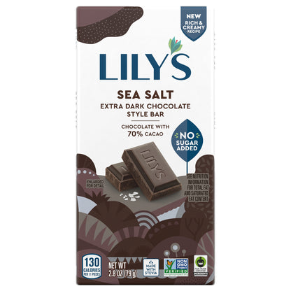 LILY'S Sea Salt Extra Dark Chocolate Style No Sugar Added, Sweets Bar, 2.8 oz