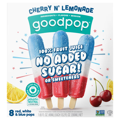 Cherry n' Lemonade Red, White and Blue, No Added Sugar Ice Pops, 8 Ct