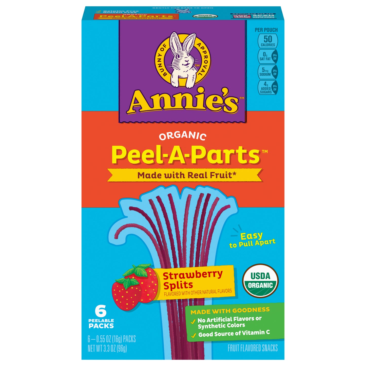 Annie's Organic Peel-A-Parts Fruit Flavored Snacks, Strawberry Splits, Gluten Free, 6 Count, 3.3 oz