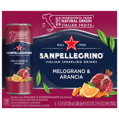 Sanpellegrino Italian Sparkling Drink Melograno and Arancia, Sparkling Orange and Pomegranate Beverage, 6 Pack of Cans