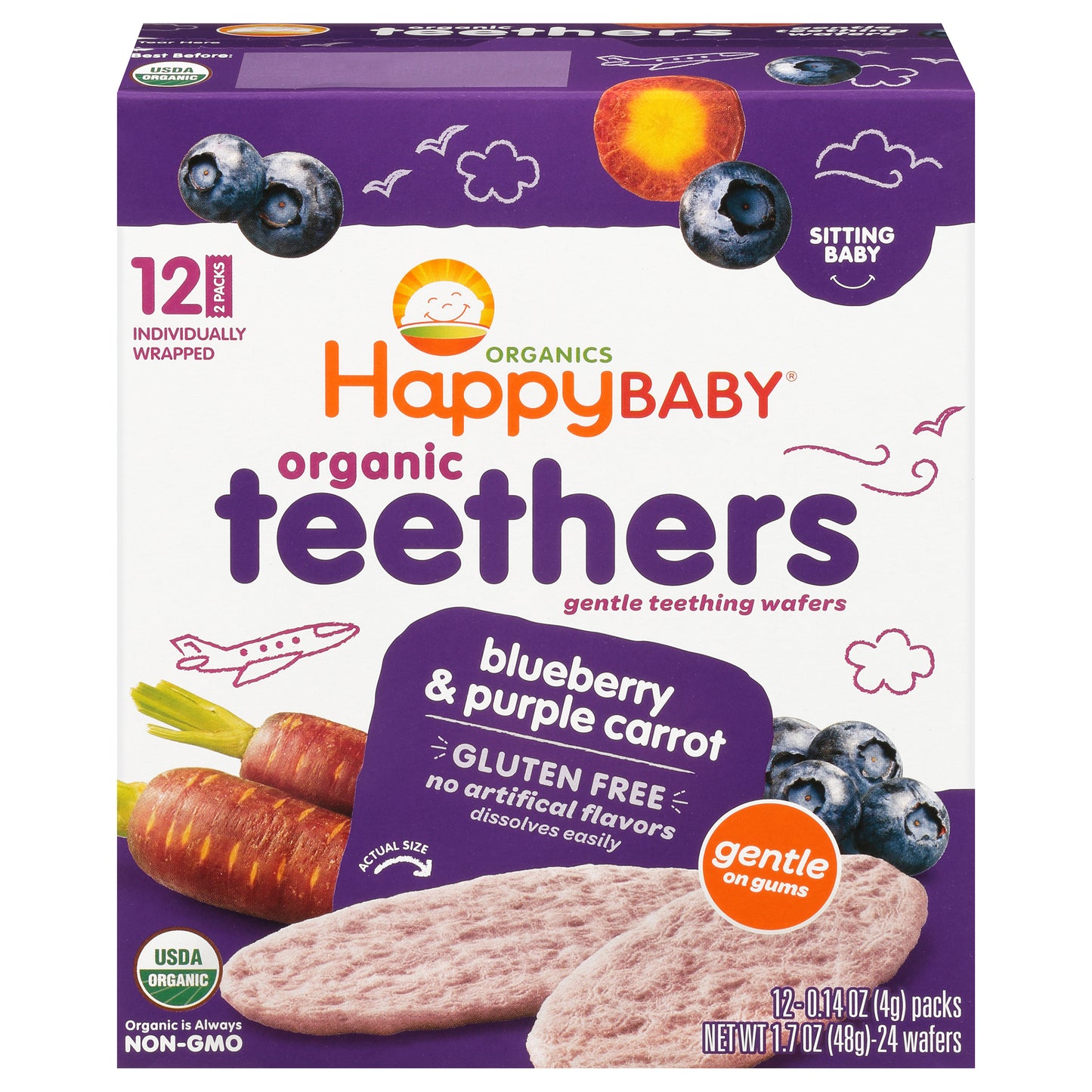Happy Baby Organics Organic Teethers Gluten Free Gentle Teething Wafers Blueberry & Purple Carrot 12-0.14 oz Packs UNIT