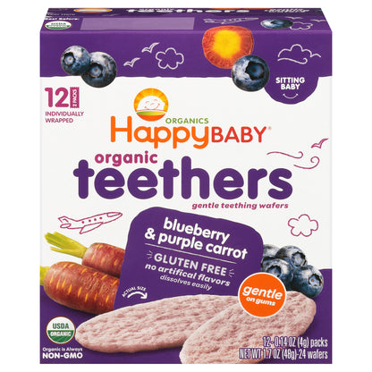 Happy Baby Organics Organic Teethers Gluten Free Gentle Teething Wafers Blueberry & Purple Carrot 12-0.14 oz Packs UNIT