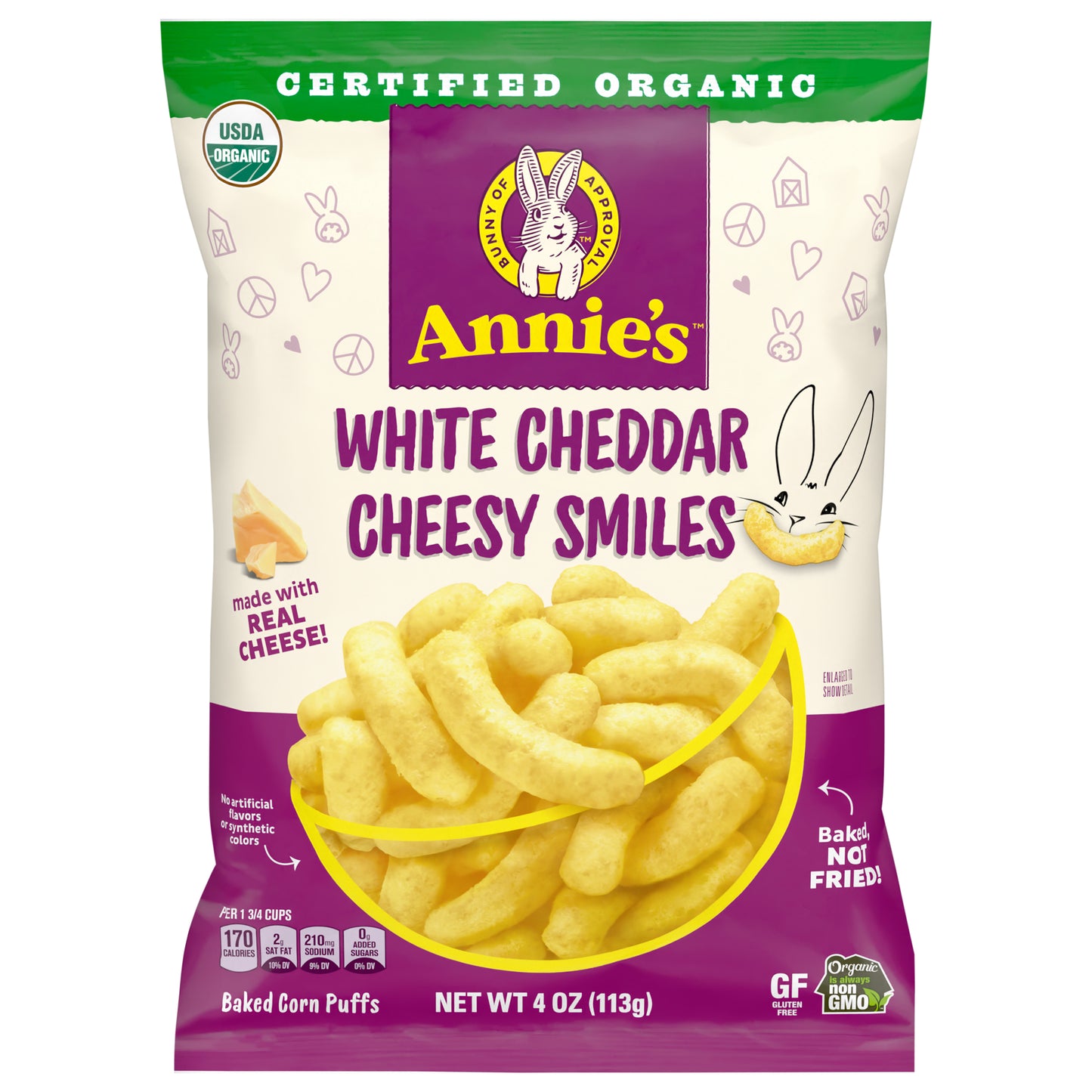 Annie's Organic White Cheddar Cheesy Smiles, Baked Puffed Corn, 4 OZ