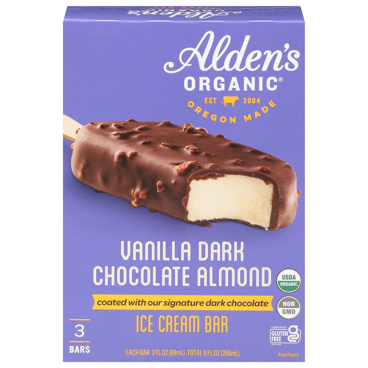 Alden's Organic Vanilla Dark Chocolate Almond Ice Cream Bar 3 - 3 fl oz Bars