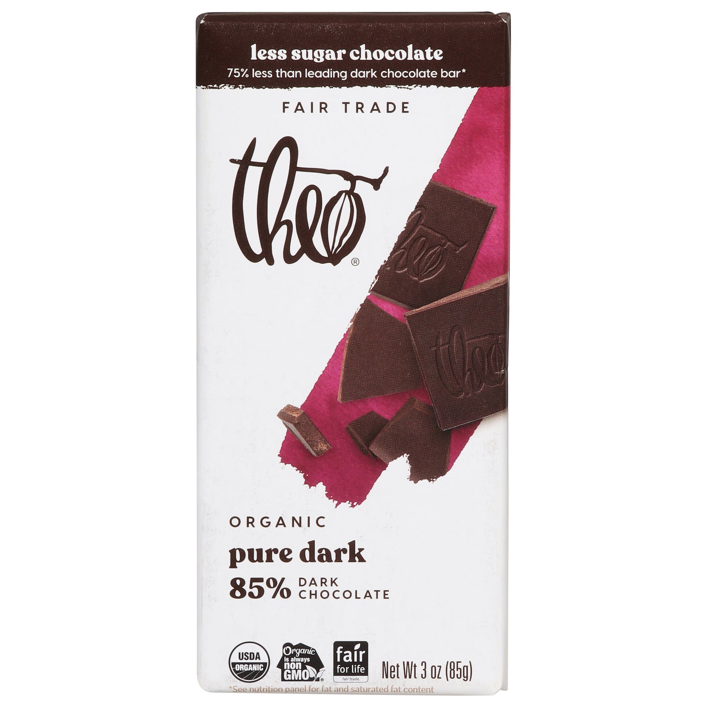 Theo Less Sugar Organic Pure Dark 85% Chocolate 3 oz