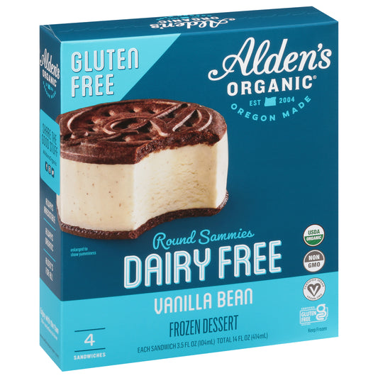Alden's Organic Round Sammies Dairy Free Vanilla Bean Frozen Dessert 4 Sandwiches 3.5 fl oz Packed, Unspecified 4 ea