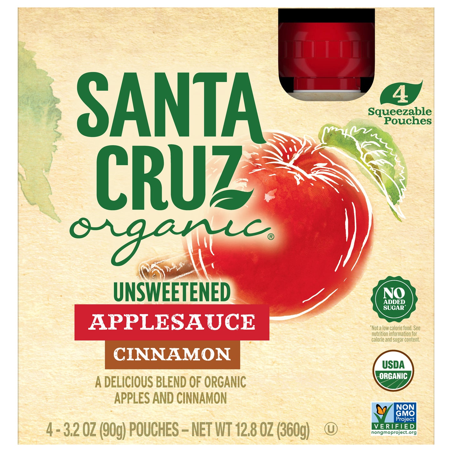 Santa Cruz Organic Unsweetened Cinnamon Applesauce 4 - 3.2 oz Pouches