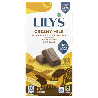 LILY'S Creamy Milk Chocolate Style No Sugar Added, Sweets Bar, 3 oz