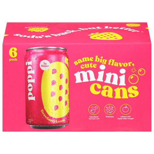 Poppi Prebiotic Strawberry Lemon Mini Cans Soda 6 - 7.5 fl oz Cans