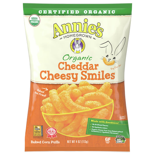 Annie's Organic Cheddar Cheesy Smiles, Baked Corn Puffs, Gluten Free, 4 oz
