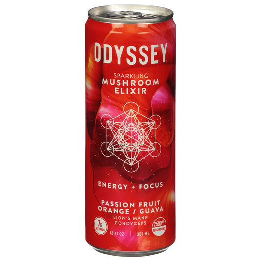Odyssey Energy + Focus Sparkling Passion Fruit Orange/Guava Mushroom Elixir 12 fl oz