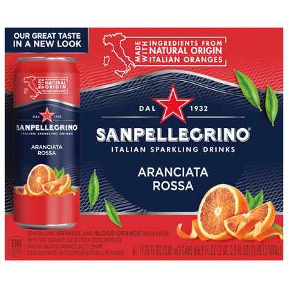 Sanpellegrino Italian Sparkling Drink Aranciata Rossa, Sparkling Orange and Blood Orange Beverage, 6 Pack of Cans