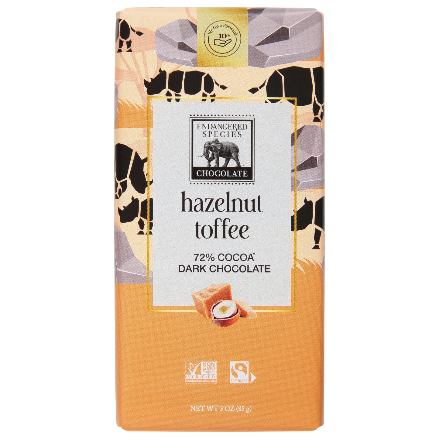 Endangered Species Hazelnut Toffee 72% Cocoa Dark Chocolate 3 oz