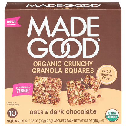 MadeGood Organic Crunchy Oats & Dark Chocolate Granola Squares 5 - 2 Square Packs